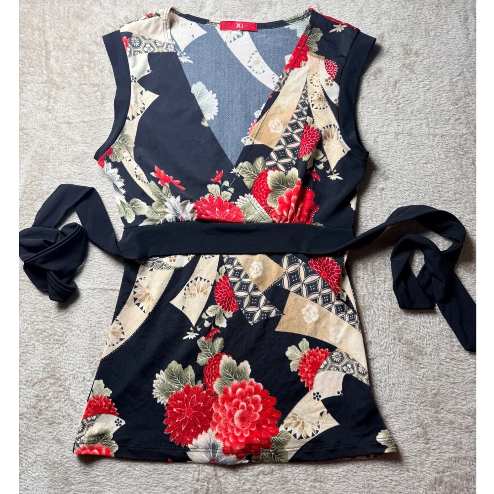 Y2K Vintage Xi Womens Small Floral  Surplice Wrap Tie Top Retro